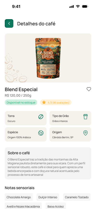 Tela de detalhes do café Blend Especial no Cafeinapp, com torra, tipo de grão, espécie e origem