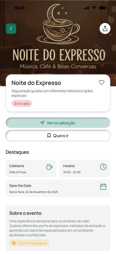 Página do evento Noite do Expresso no Cafeinapp, com horário, local, preço e participantes