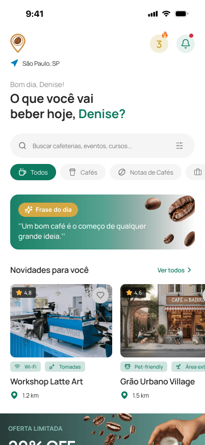 Tela inicial do Cafeinapp mostrando cafeterias, eventos e o ranking da semana