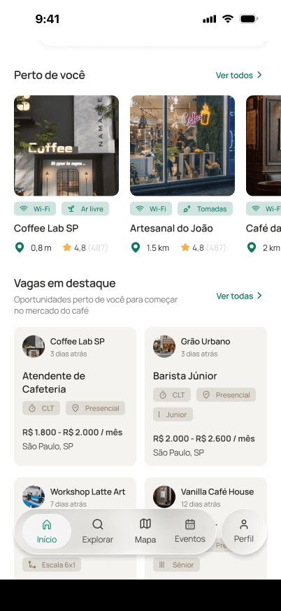 Lista de cafeterias perto de você no Cafeinapp, com distância e comodidades