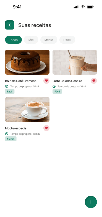 Lista de receitas de café no Cafeinapp, com tempo de preparo e dificuldade