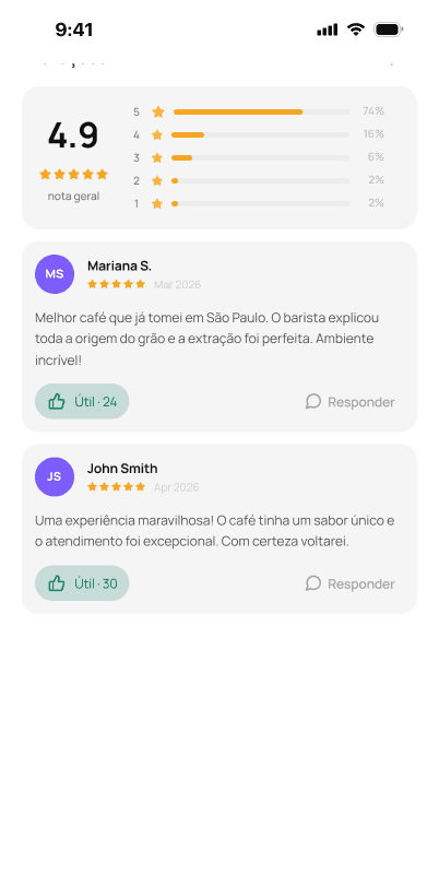 Avaliações da comunidade no Cafeinapp, com nota geral 4,9 e comentários de usuários